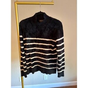 Bailey 44 Sweater Black White Striped Fuzzy Eyelash Mock Neck S Quiet Luxury